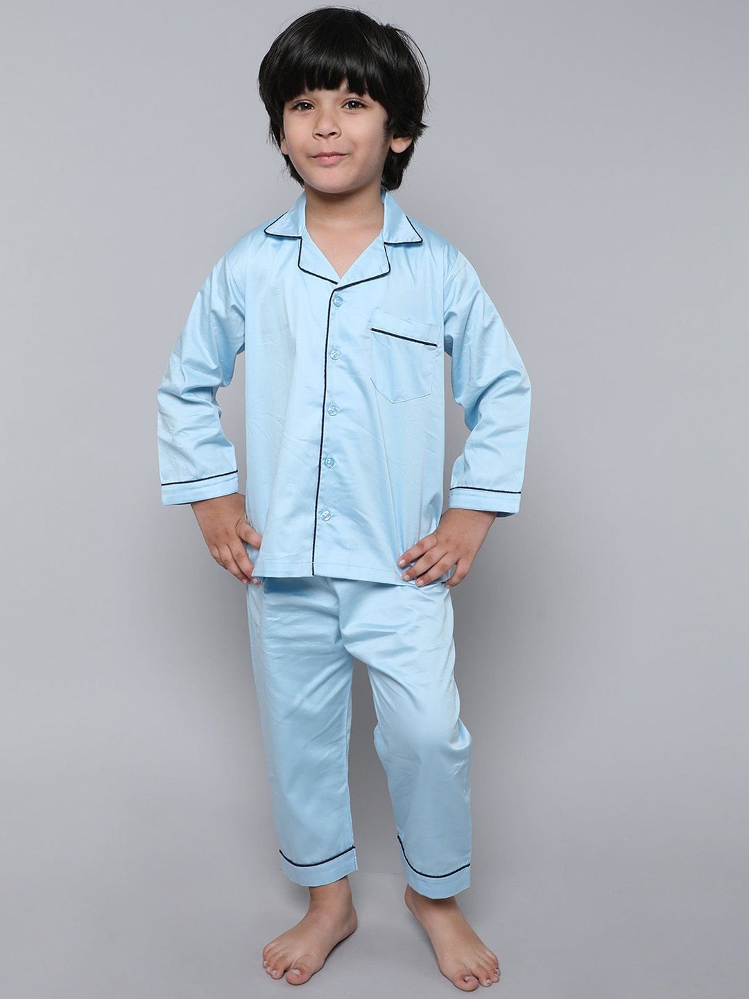 Little Clothings Boys Blue Cotton Silk Collar Neck Night suits