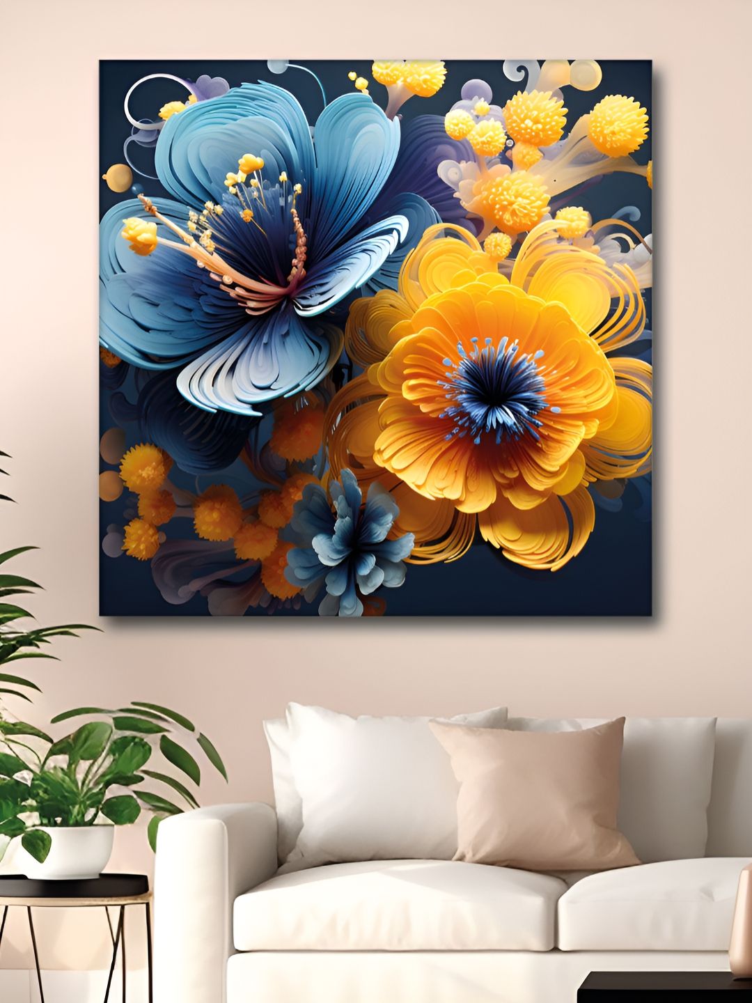 Myntra Elegant Homes Blue & Yellow Floral Printed Canvas Wall Art