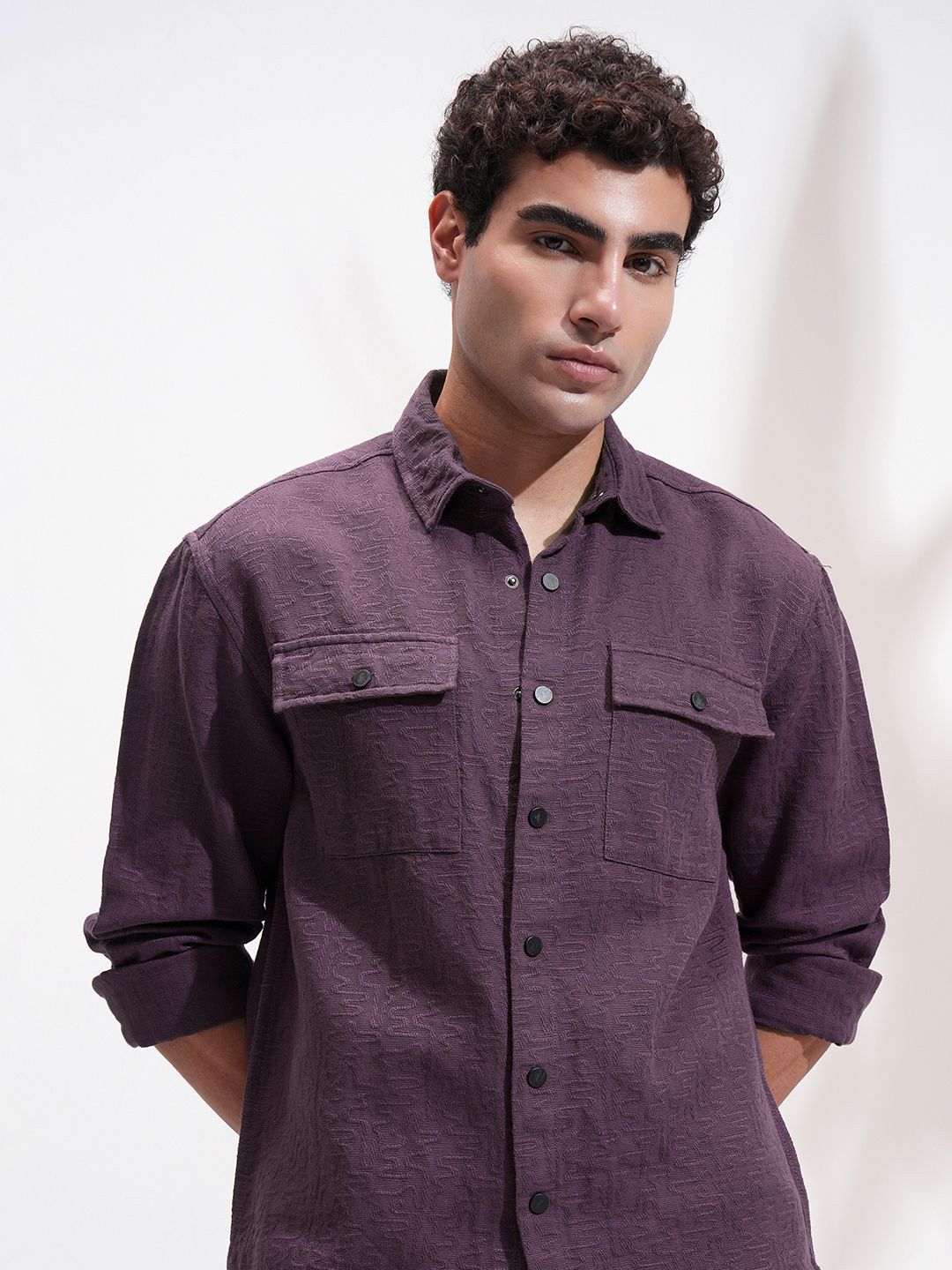 HIGHLANDER Men Relaxed Fit Textured Spread Collar Cotton Casual Shirt