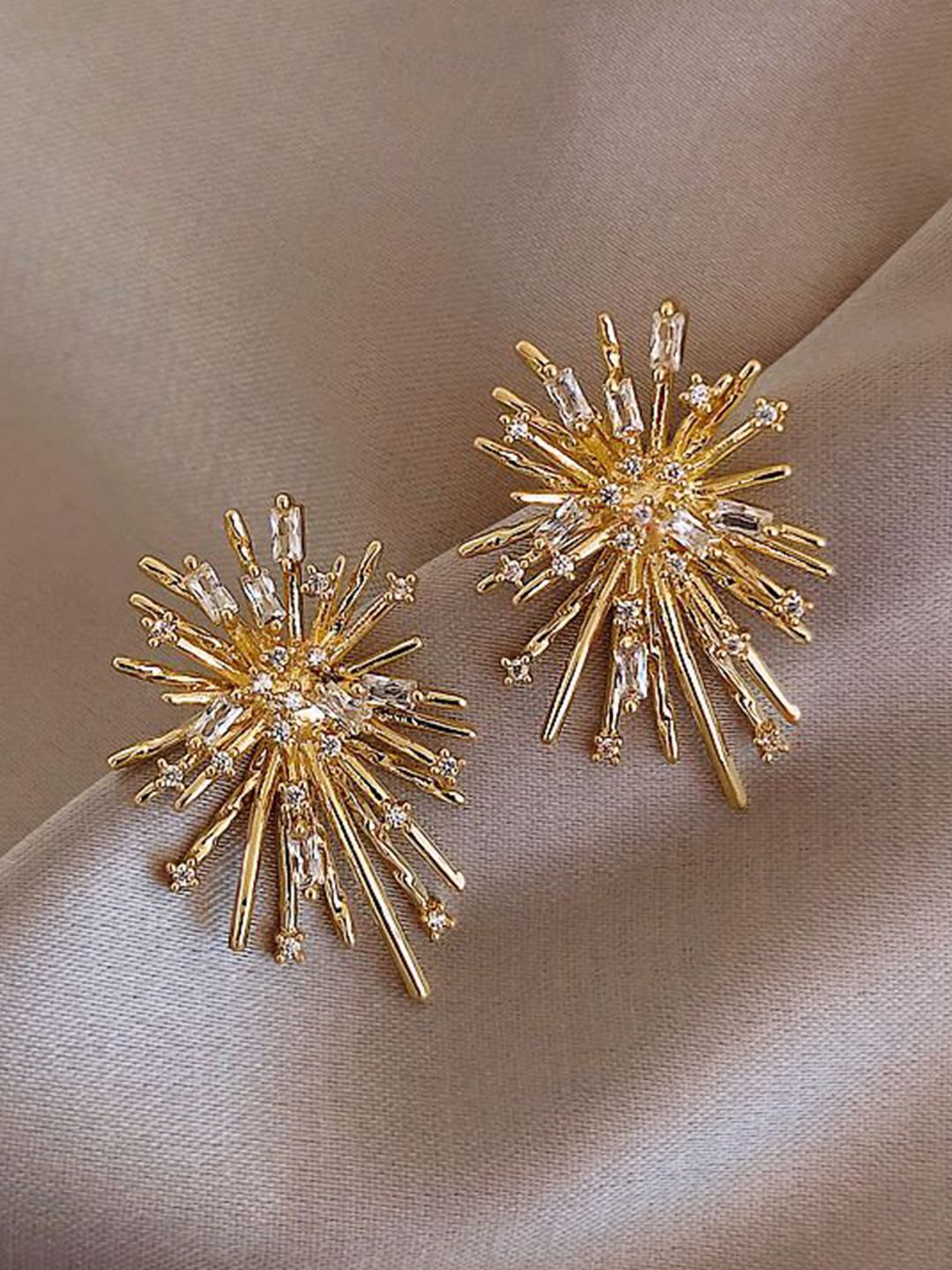 DressBerry Korean Gold-Plated American Diamond Studded Spiked Shaped Drop Earrings