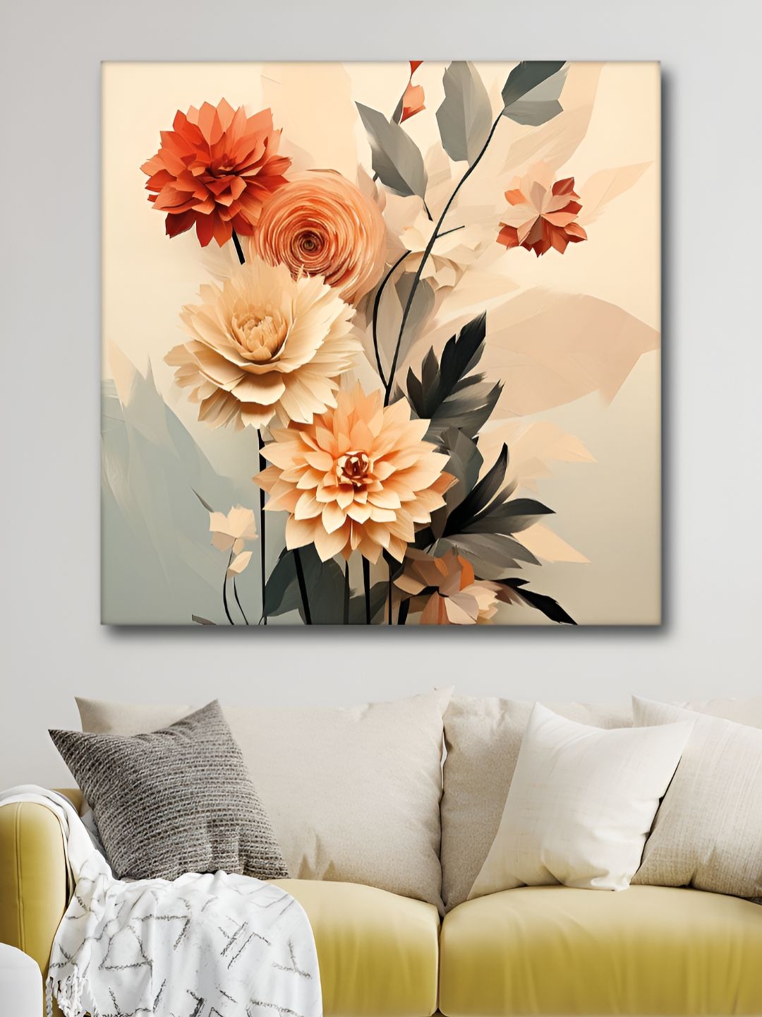 Myntra Elegant Homes Peach Coloured & Grey Floral Printed Canvas Wall Art