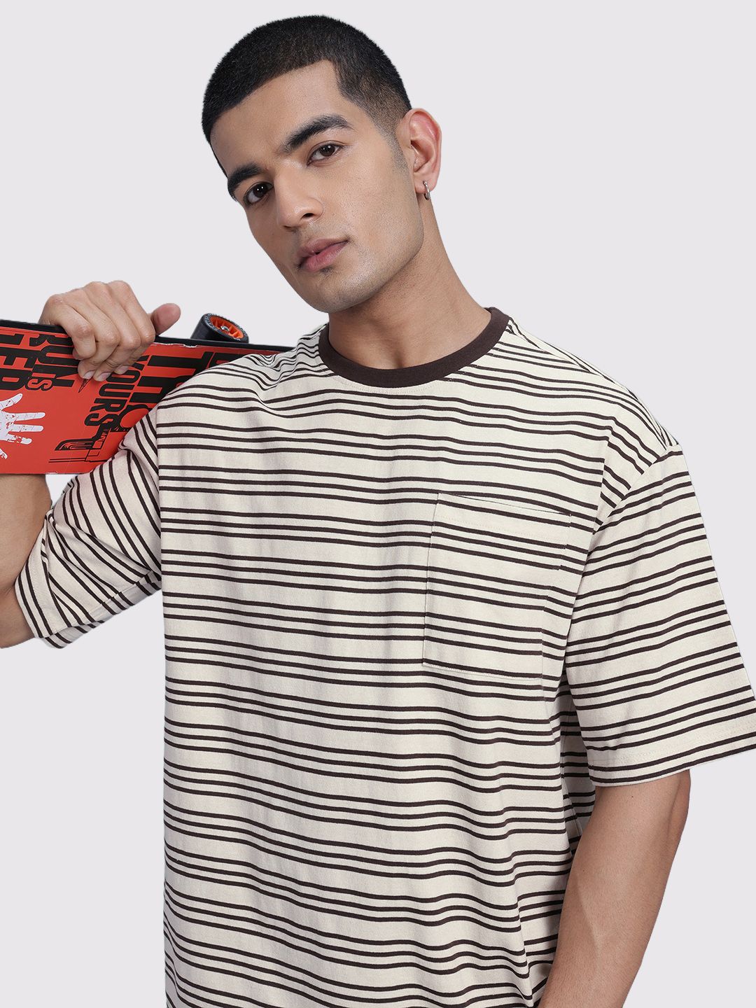 The Roadster Life Co. Striped Drop-Shoulder Sleeves Relaxed Fit T-shirt