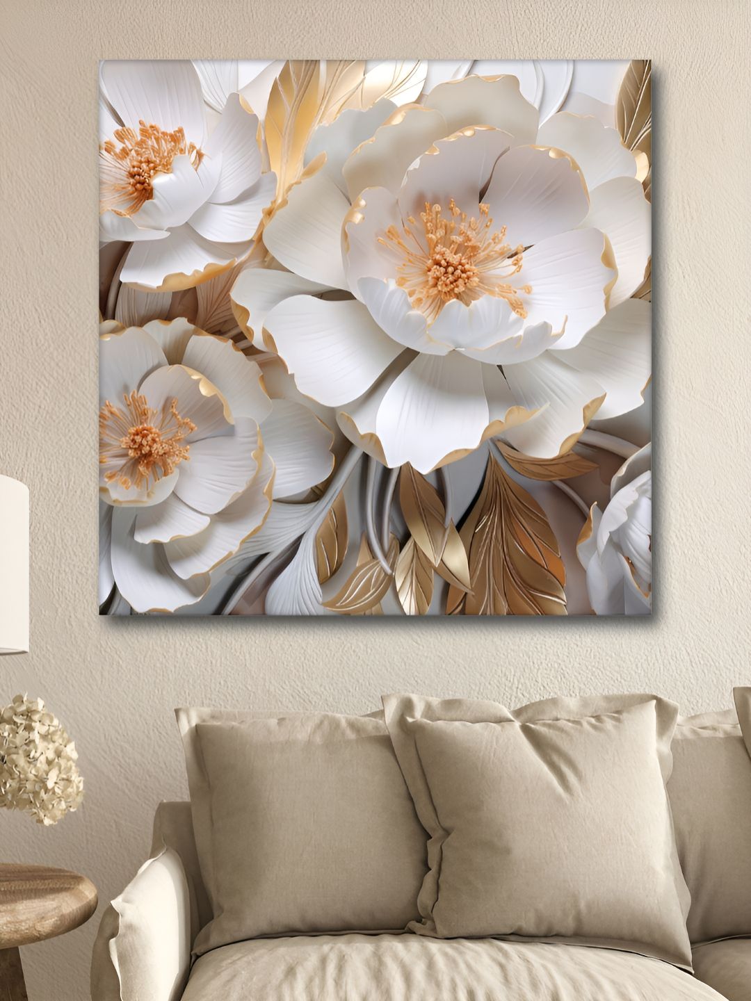 Myntra Elegant Homes White & Orange Floral Printed Canvas Wall Art