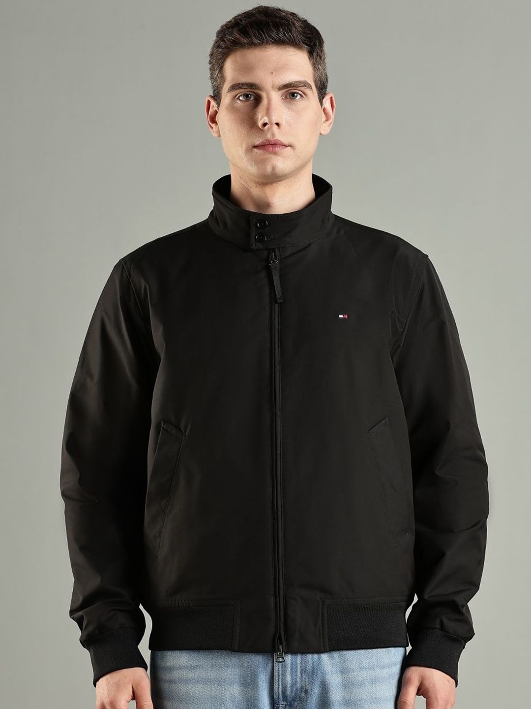 Tommy Hilfiger Men Solid Mock Collar Bomber Jacket