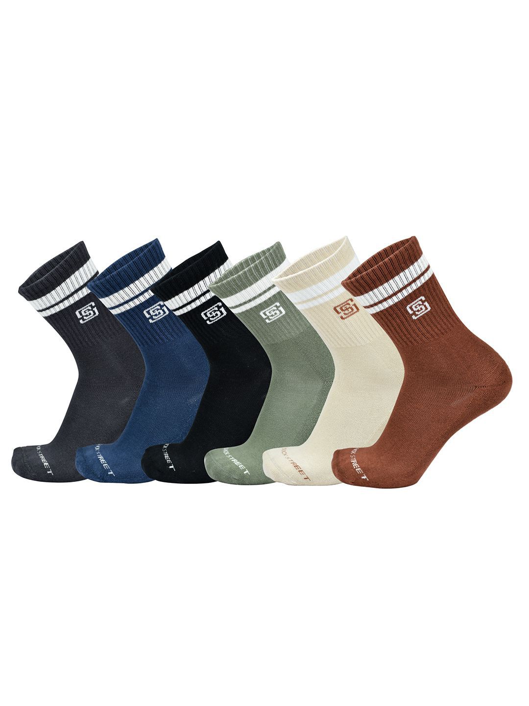 The Sock Street Men Pack Of 6 Sports Cushioned Crew Striped Ankle-Length Socks