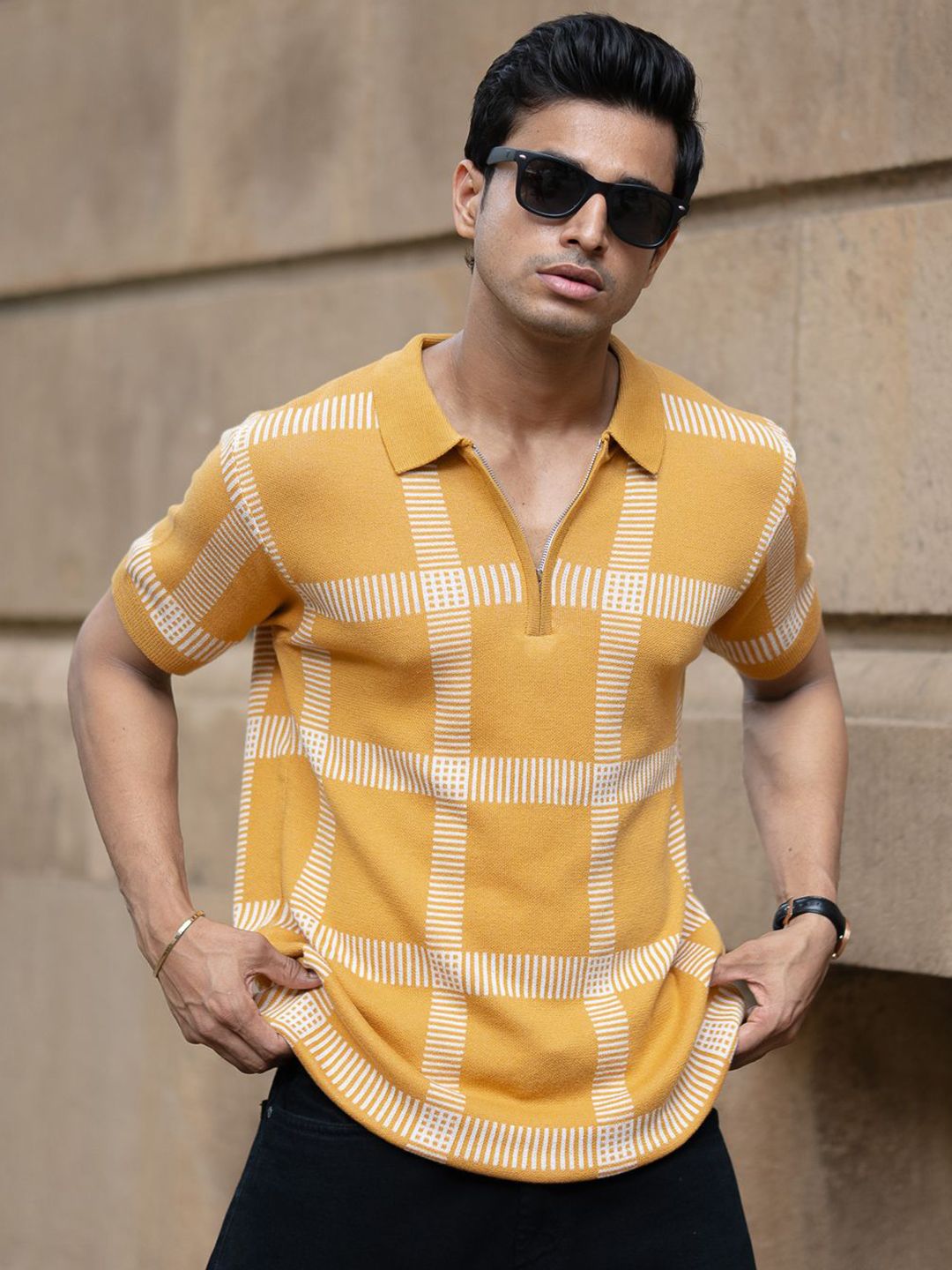 SS25 Knitted Checked Polo Collar Pure Cotton T-Shirt Offers & Cashback