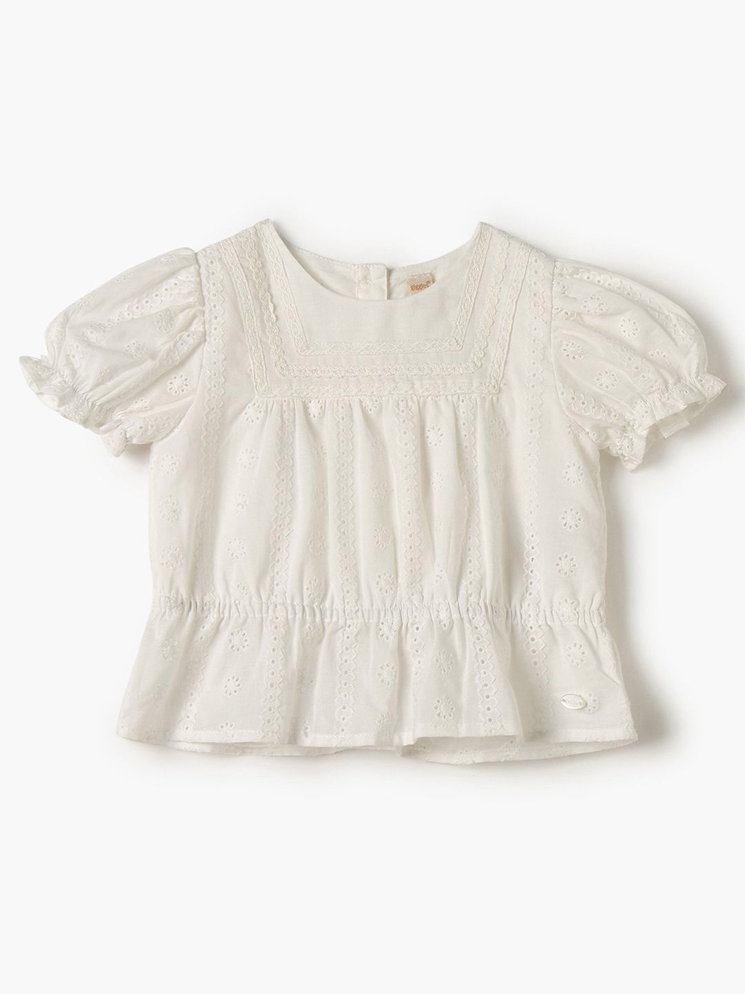 Giggles by Babyshop Girls Puff Sleeve Self Design Cotton Cinched Waist Top