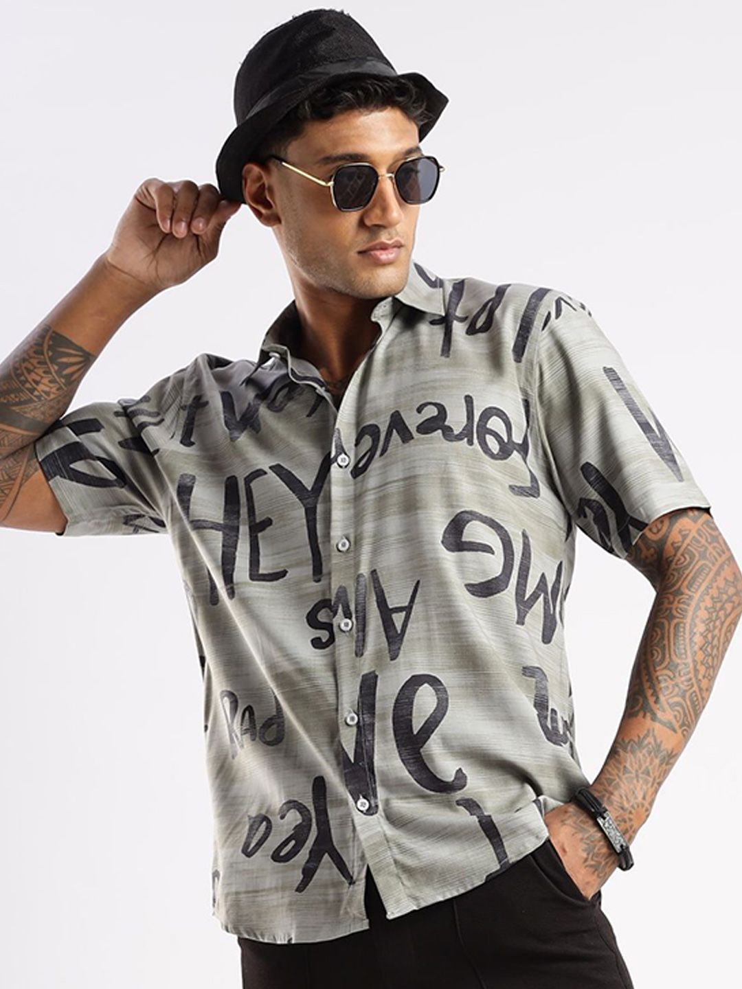 BS BLUE SQUAD Men India Slim Tailored Fit Typography Printed Spread Collar Casual Shirt