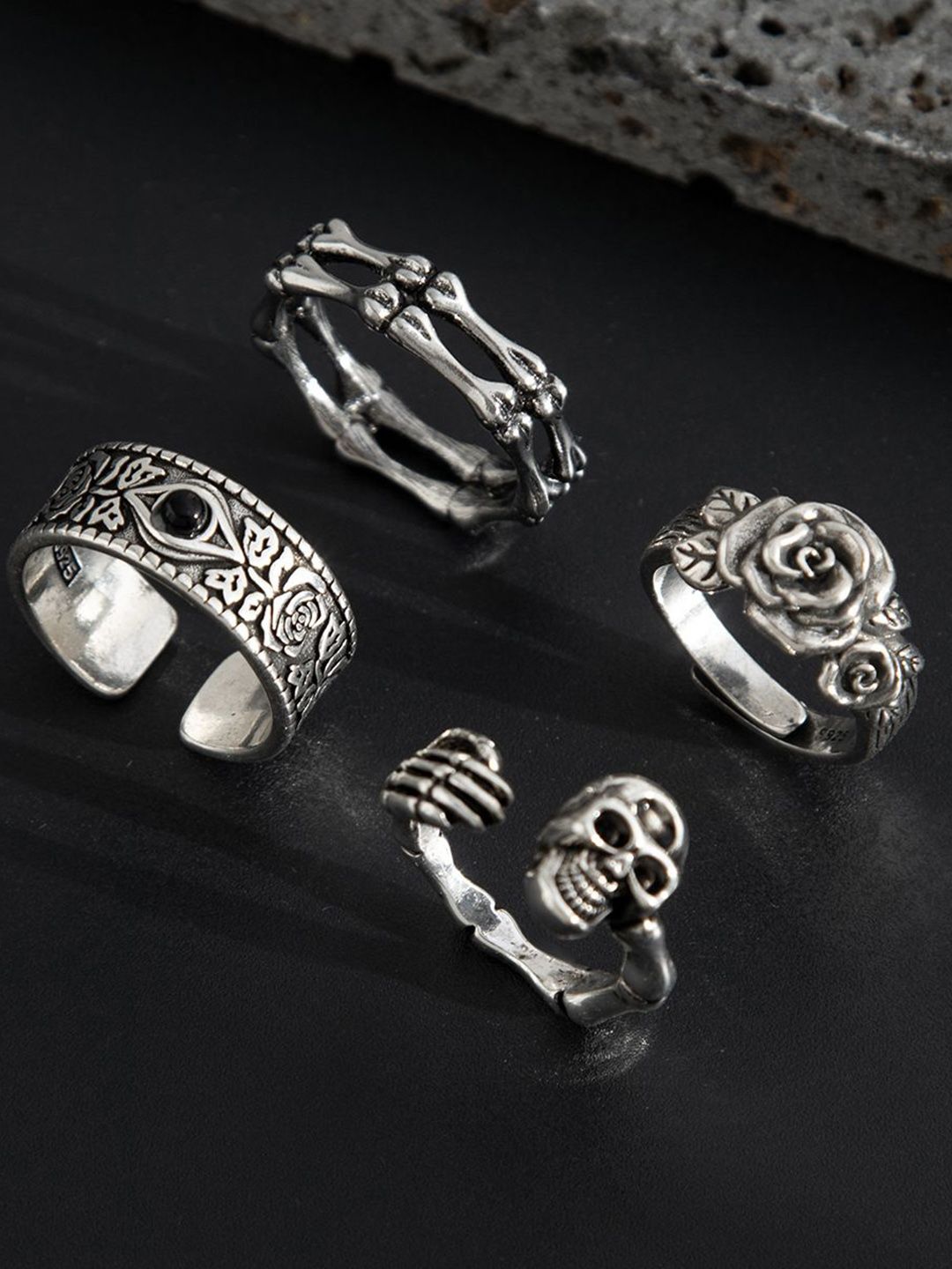 StyleCast x Revolte Set of 4 Silver-Plated Stone-Studded Adjustable Finger Ring