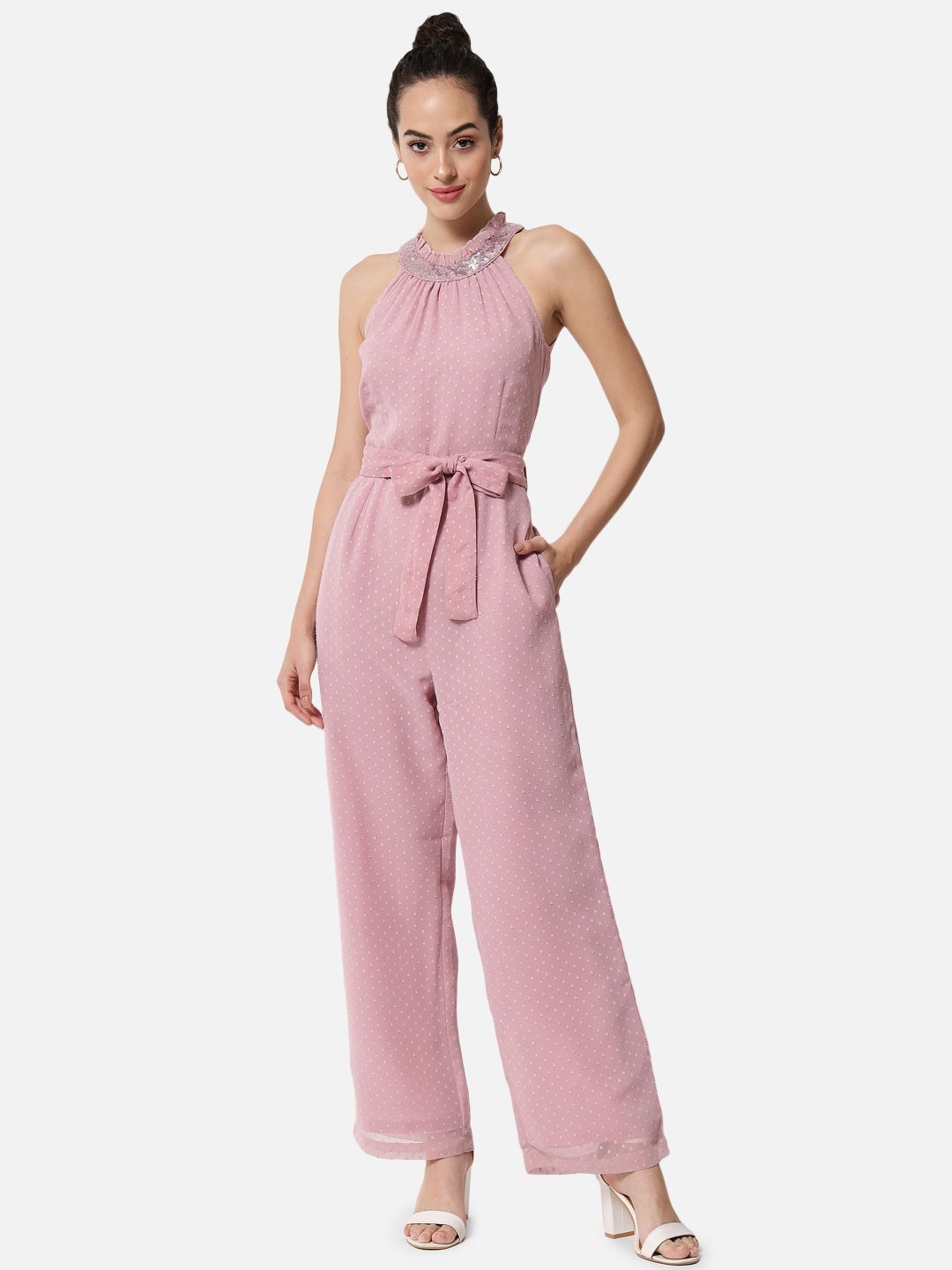 OTIRA Women Self Design Basic Embellished Sleeveless Jumpsuit