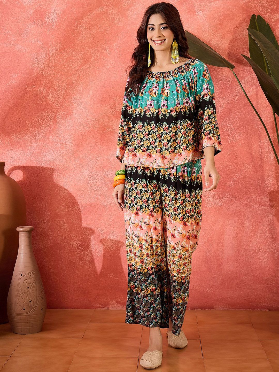 Sangria Floral Printed Top & Trousers Co-Ord Set