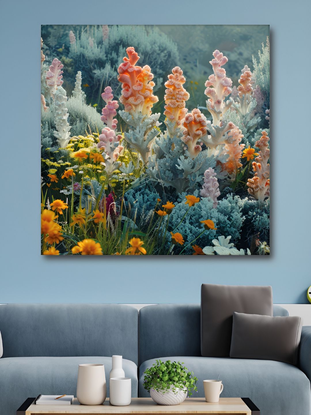Myntra Elegant Homes Blue & Yellow Floral and Botanical Canvas Wall Art