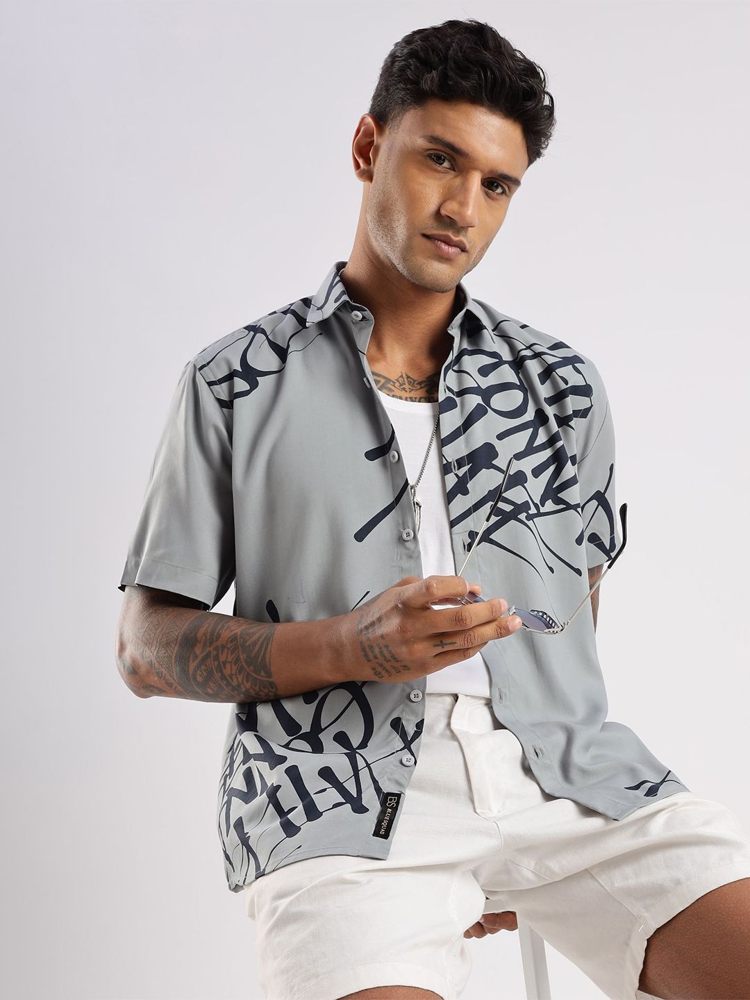 BS BLUE SQUAD Men India Slim Tailored Fit Typography Printed Spread Collar Casual Shirt