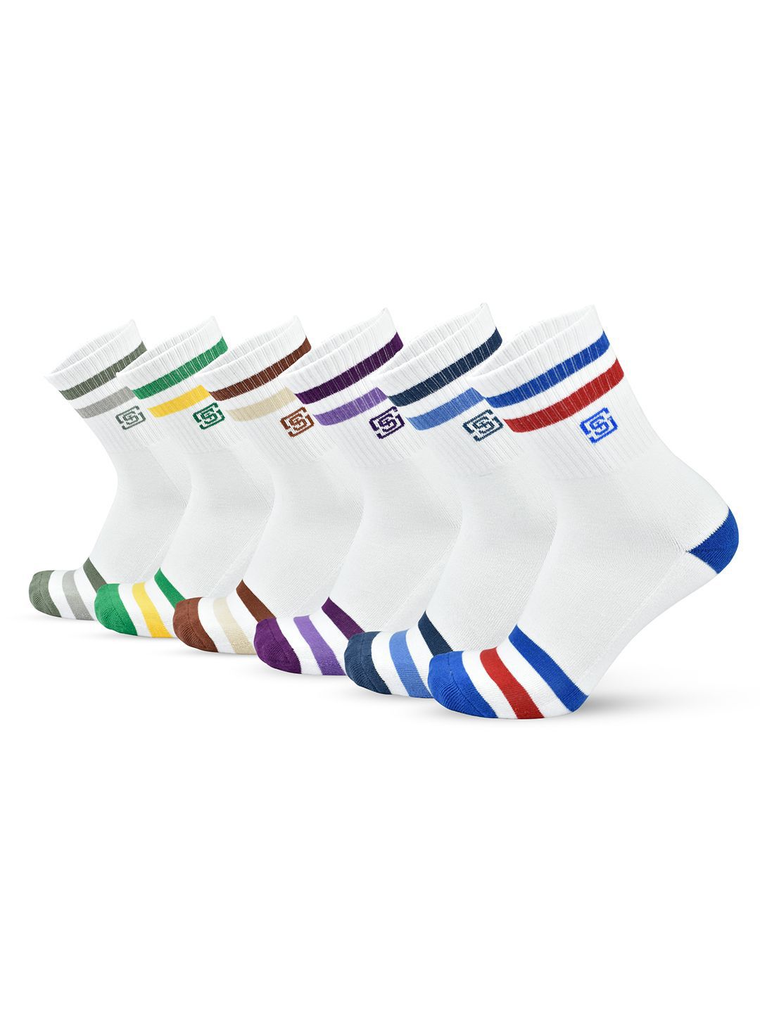 The Sock Street Men Pack Of 6 Sports Cushioned Crew Striped Calf-Length Socks