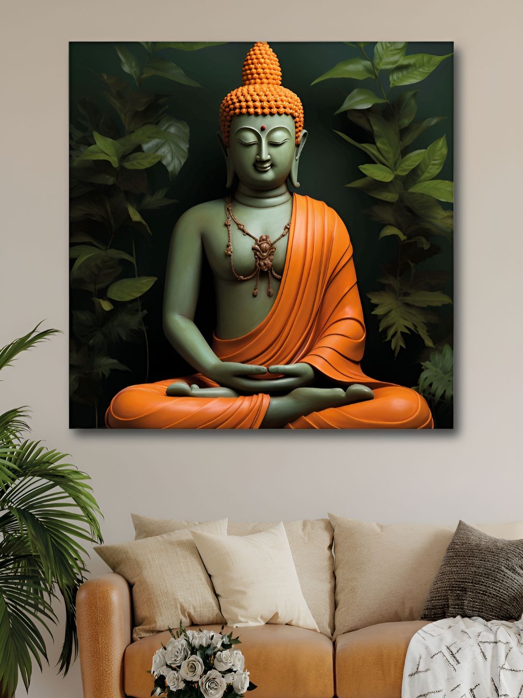 Myntra Elegant Homes Green & Orange Buddha Printed Canvas Wall Art