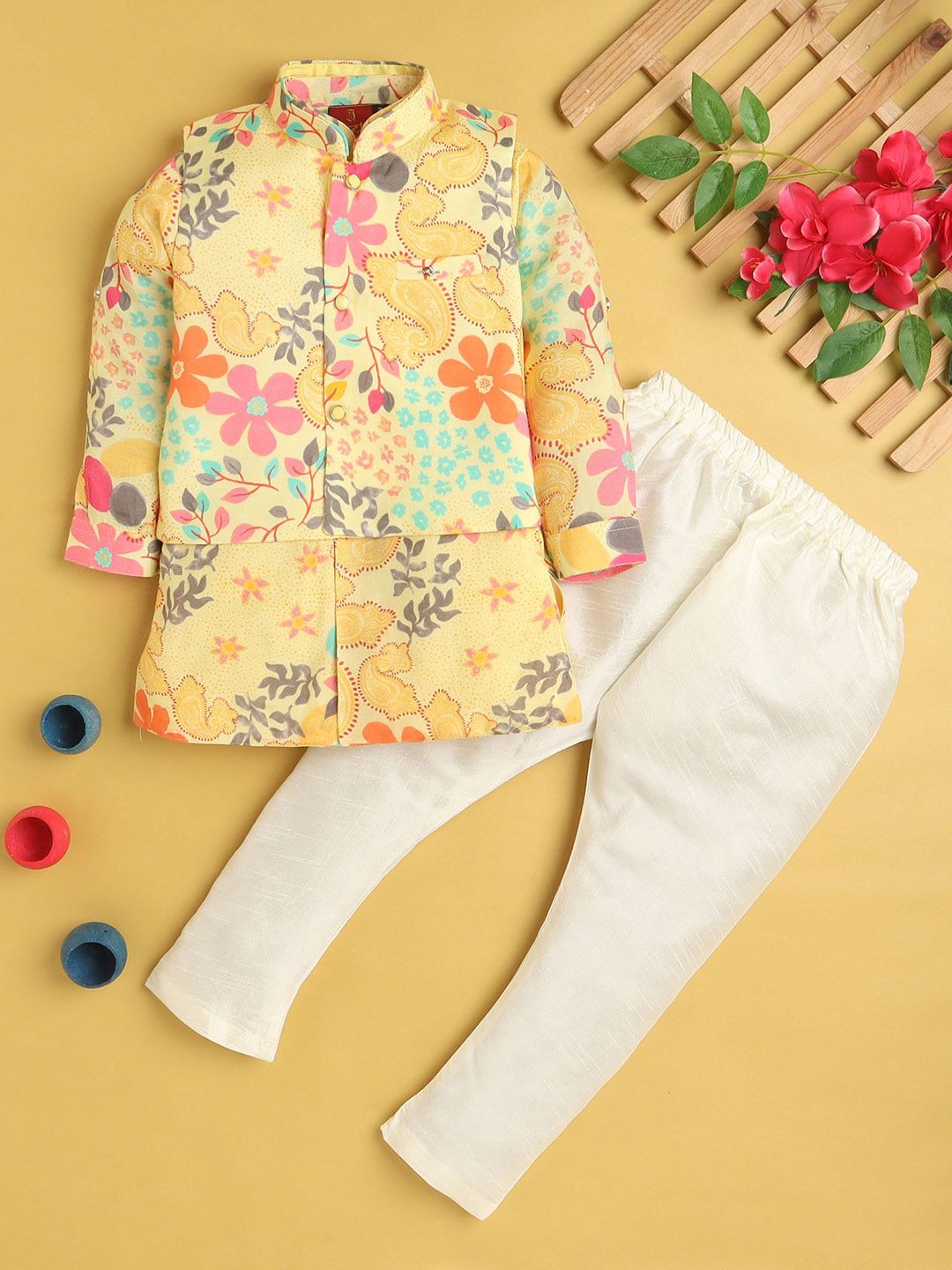 Jeetethnics Boys Floral Printed Kurta with Pyjama & Nehru Jacket