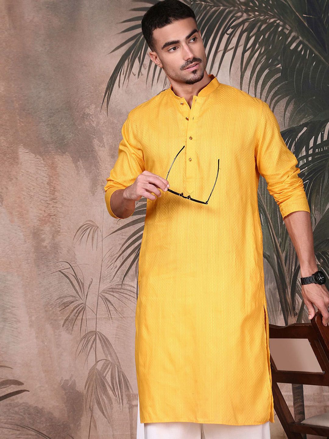 Sangria Men Mandarin Collar Textured Stylish Cotton Kurta