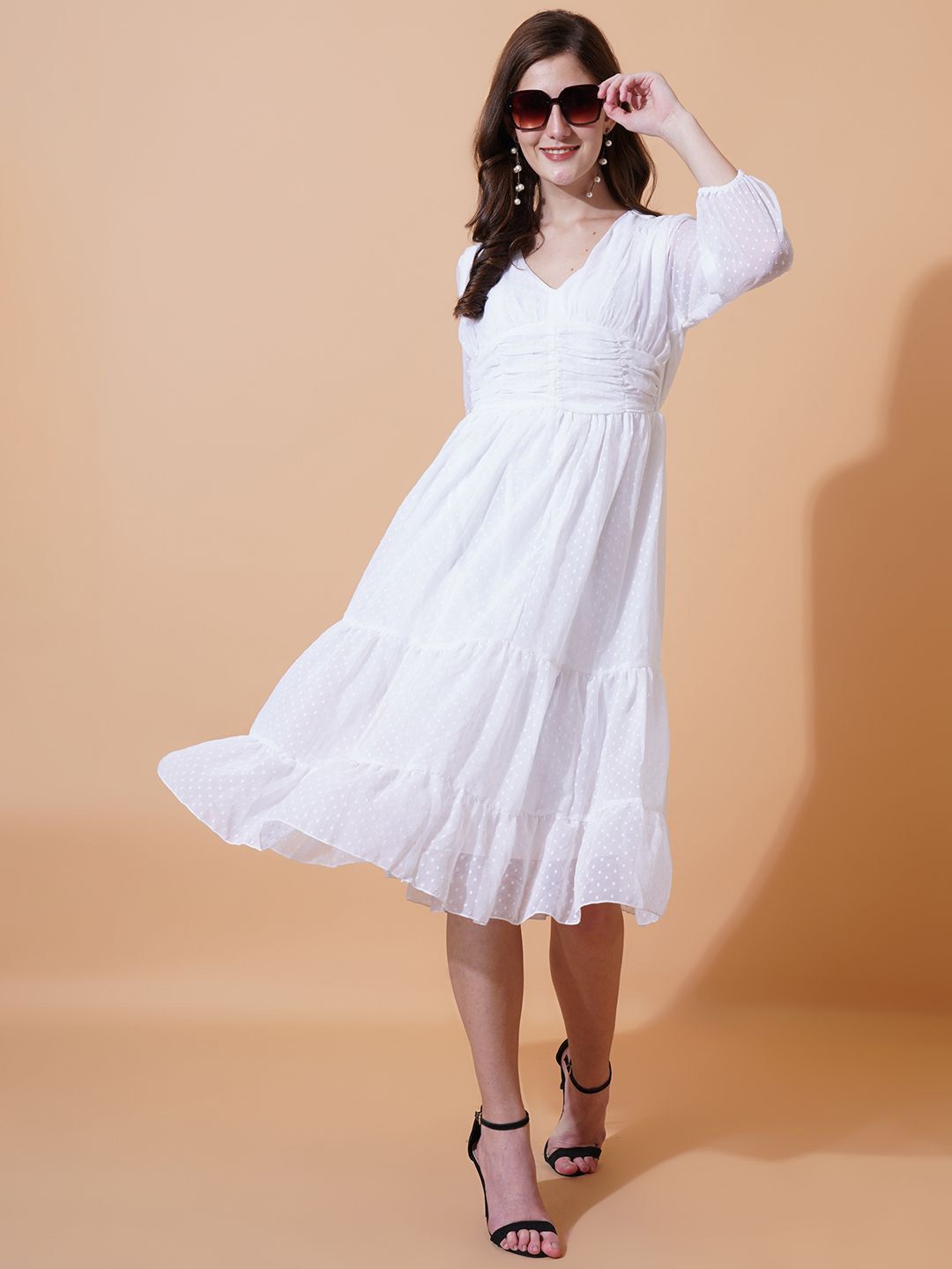 Buy Moda Rapido White Midi Georgette Fit & Flare Dress - Dresses