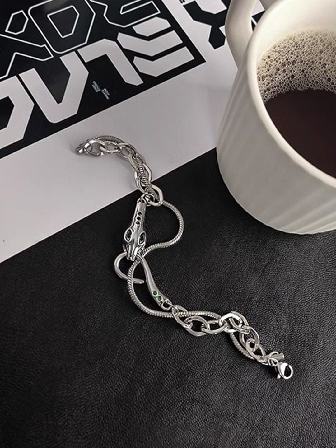 StyleCast x Revolte Men Stainless Steel Silver-Plated Stones Studded Link Bracelet