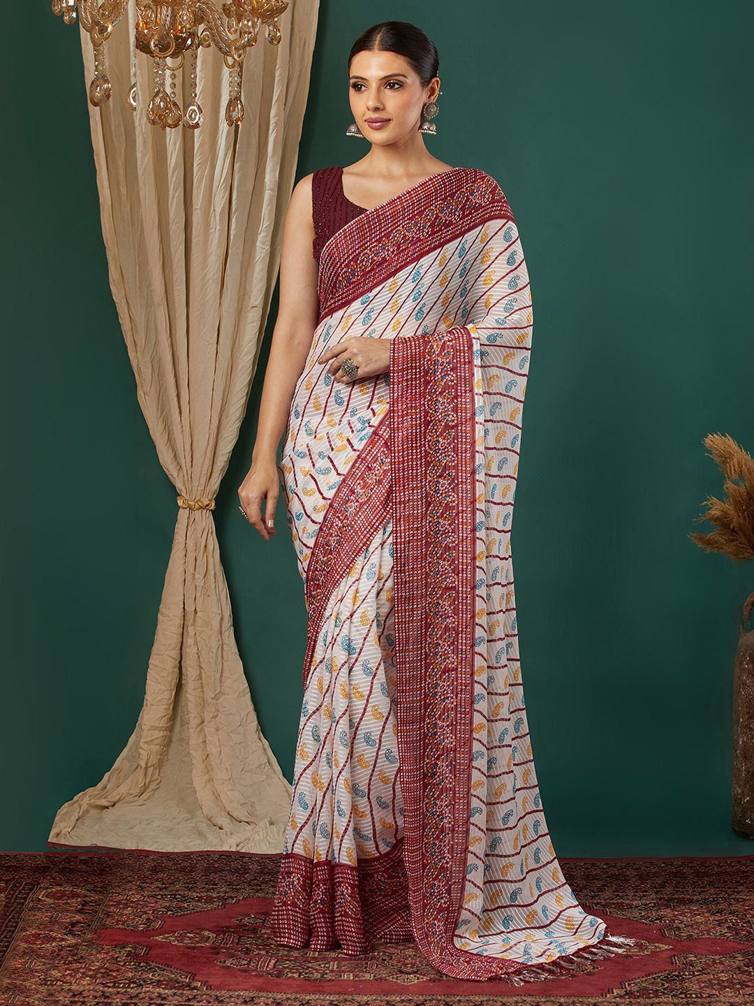 Mitera Striped Pure Georgette Saree With Blouse Piece