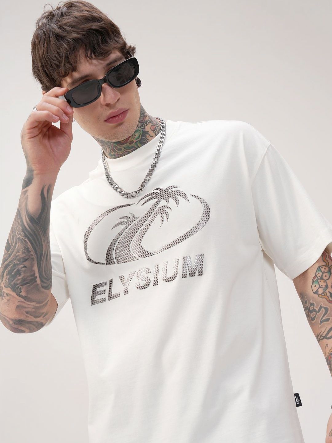 HIGHLANDER Typography Printed Round Neck Drop-Shoulder Sleeves Cotton Oversized T-shirt