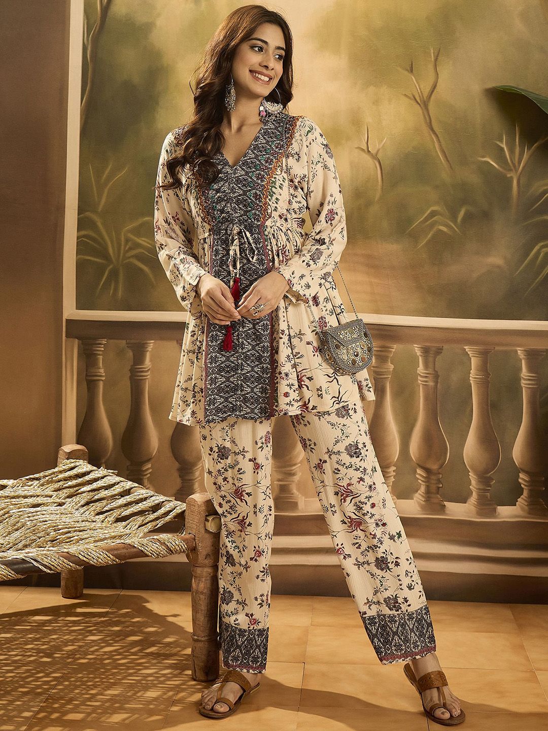 Sangria Floral Printed V-Neck Tunic & Trousers Co-Ord Set