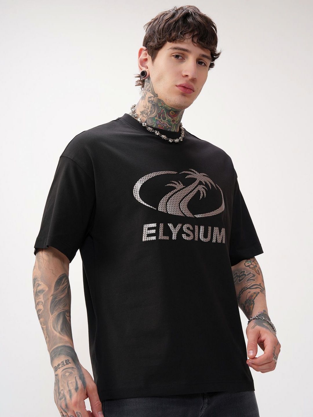 HIGHLANDER Typography Printed Round Neck Drop-Shoulder Sleeves Cotton Oversized T-shirt