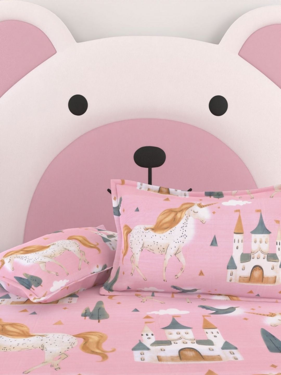 Pure Decor Pink Unicorn Cradle 210TC Cotton Double Bed Bedsheet & 2 Pillow Cover 90X100"