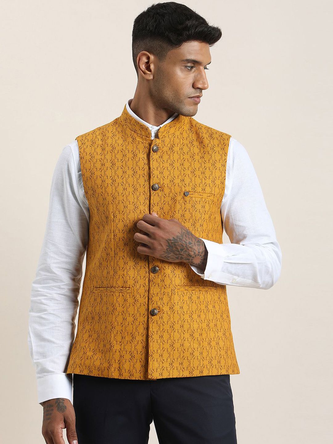 Turtle Printed Mandarin Collar Nehru Jacket