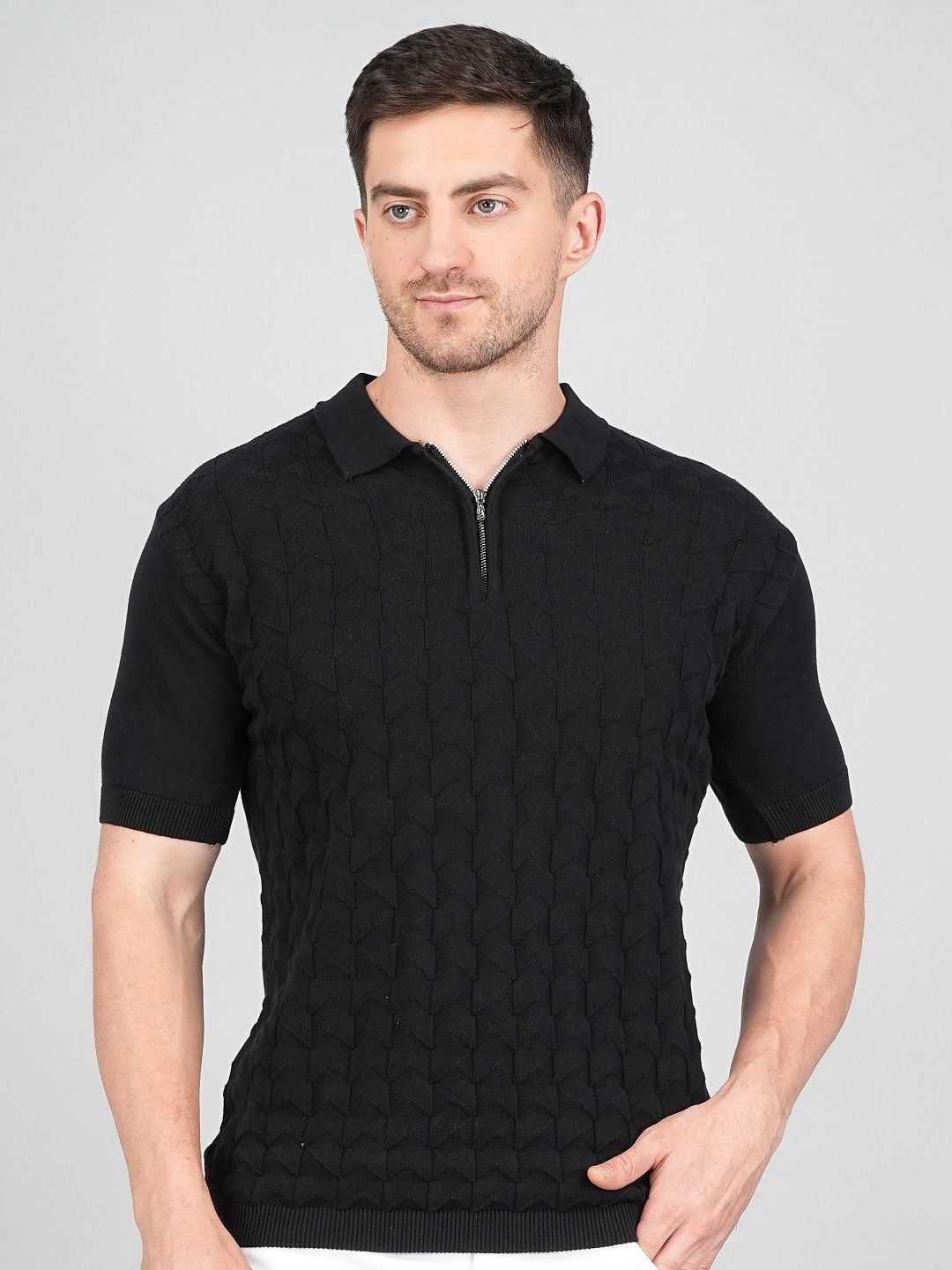 FEVERFEW Self Design Polo Collar Short Sleeves Cotton T-shirt