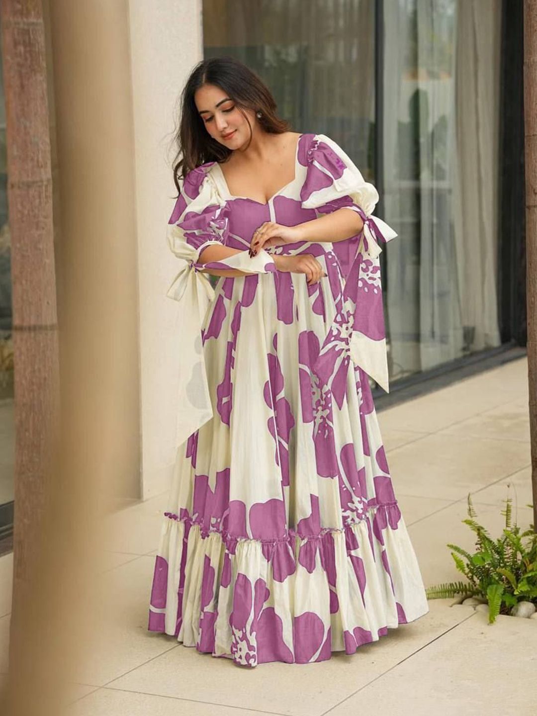 AOMONI Women's Floral Maxi Dress With 3/4 Sleeves & Wrap Waist - Purple White, 3X-Large - View #7