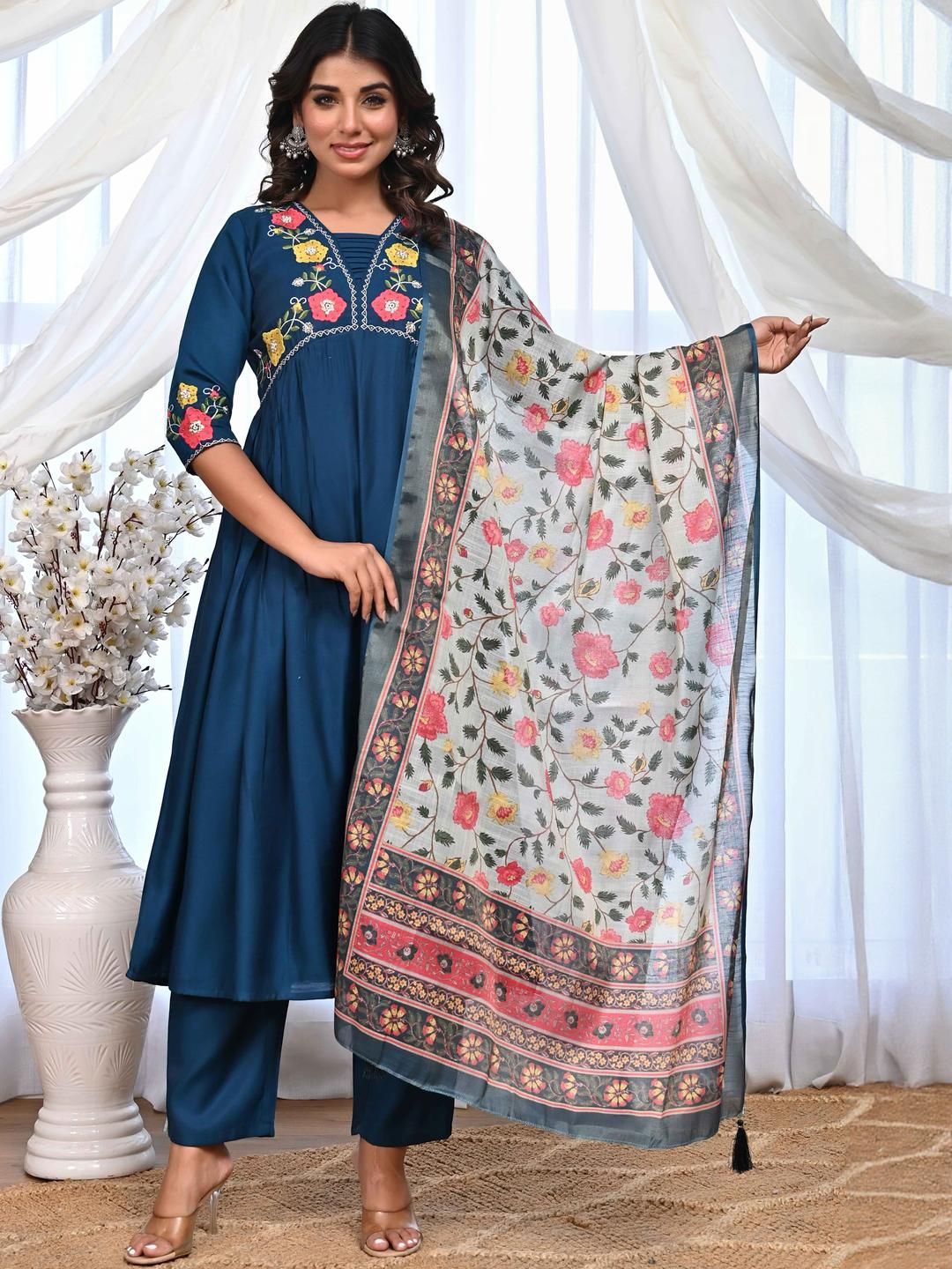 Peachmode Blue Floral Embroidered Moti & Sequin A-Line Alia Cut Kurta Set