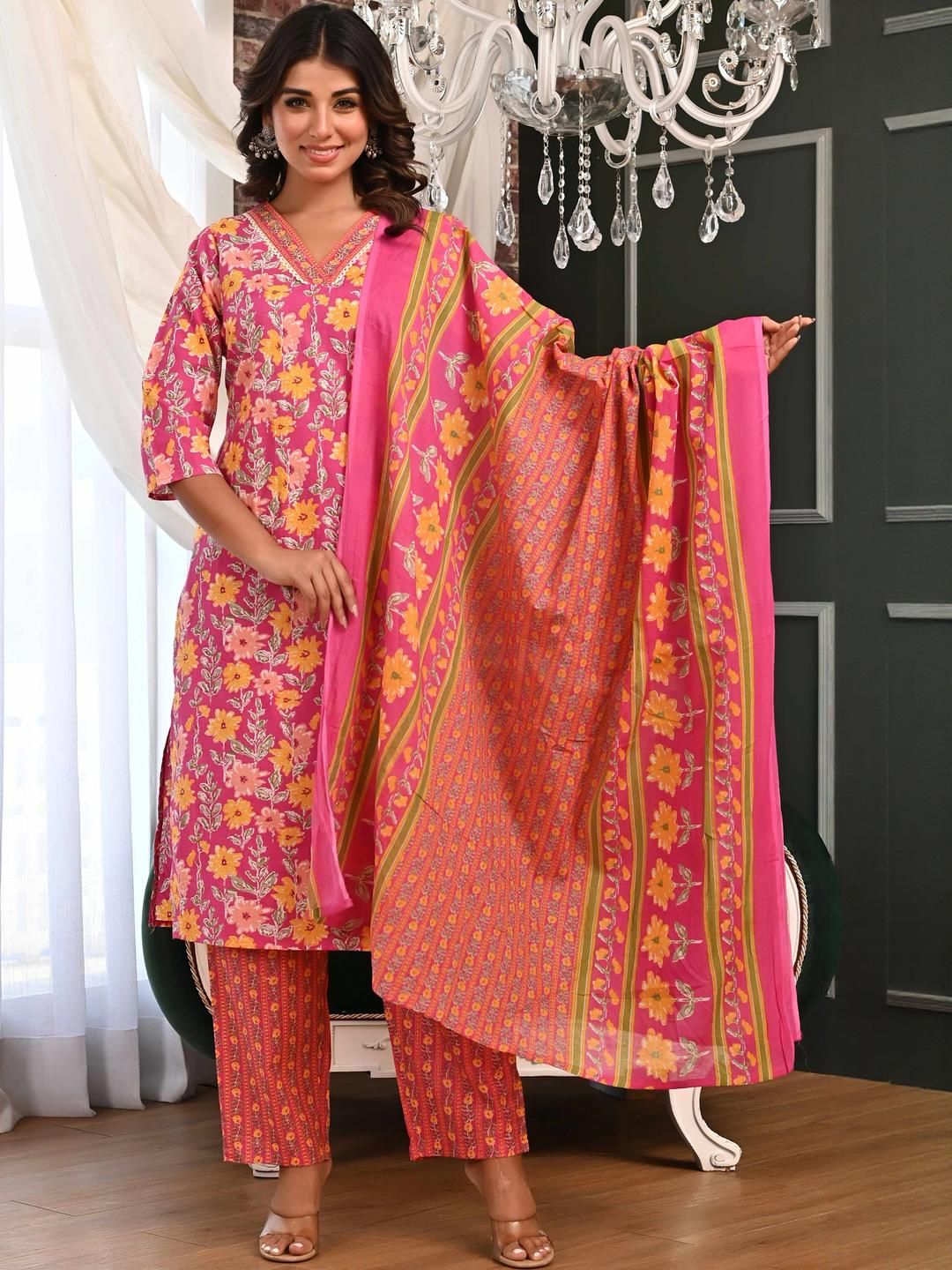 Peachmode Women Pink Pure Cotton Kurta Sets