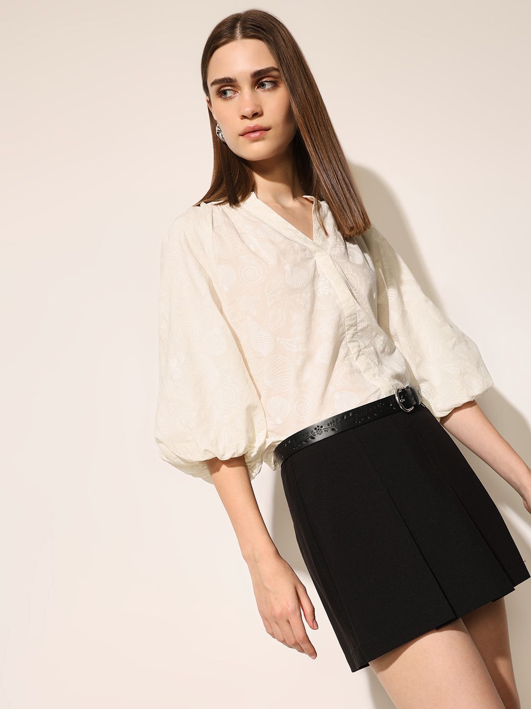 ONLY ONLY Women Abstract Printed Puff Sleeve Cotton Blouson Top