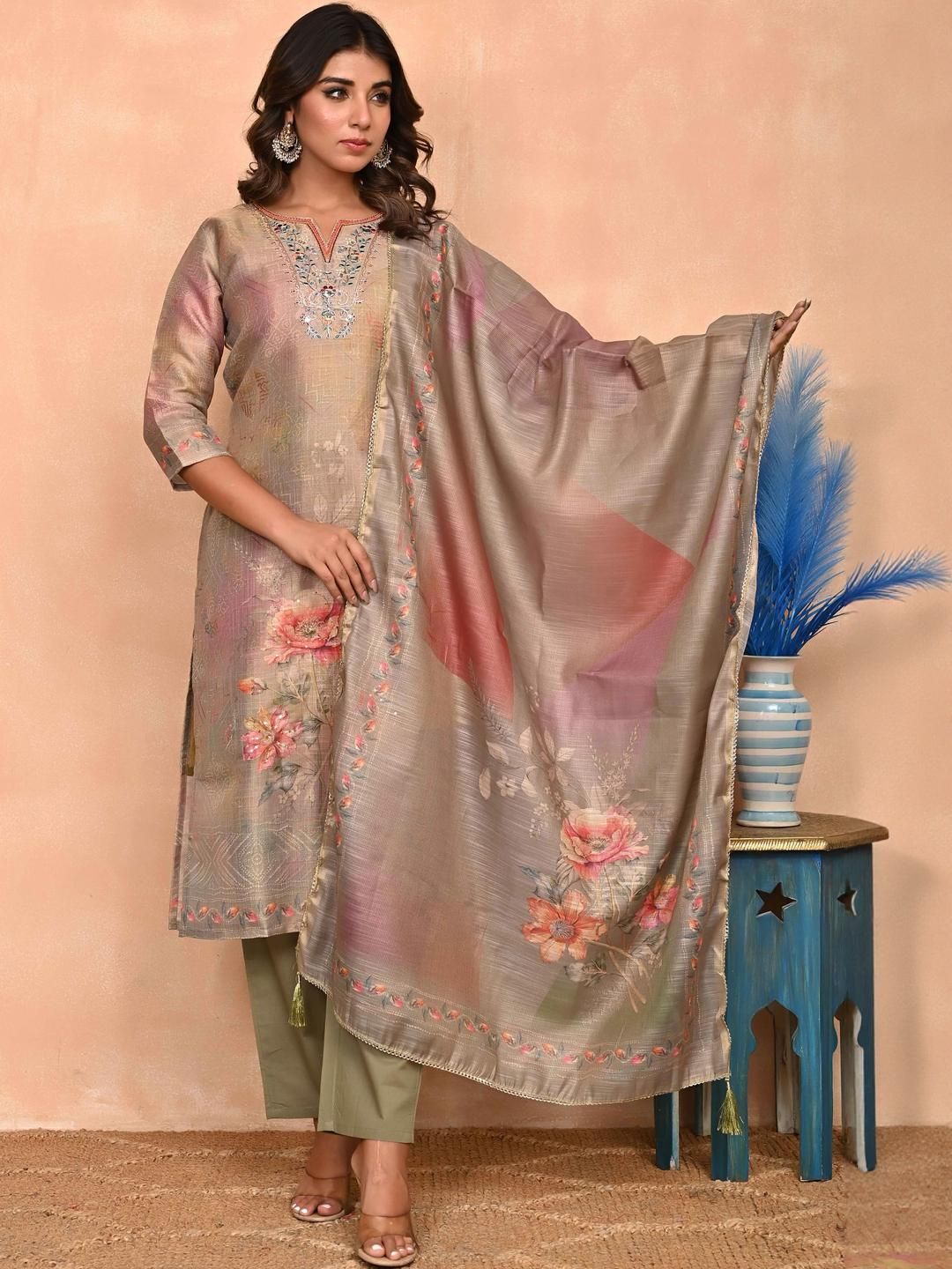 Peachmode Women Olive Linen Kurta Sets