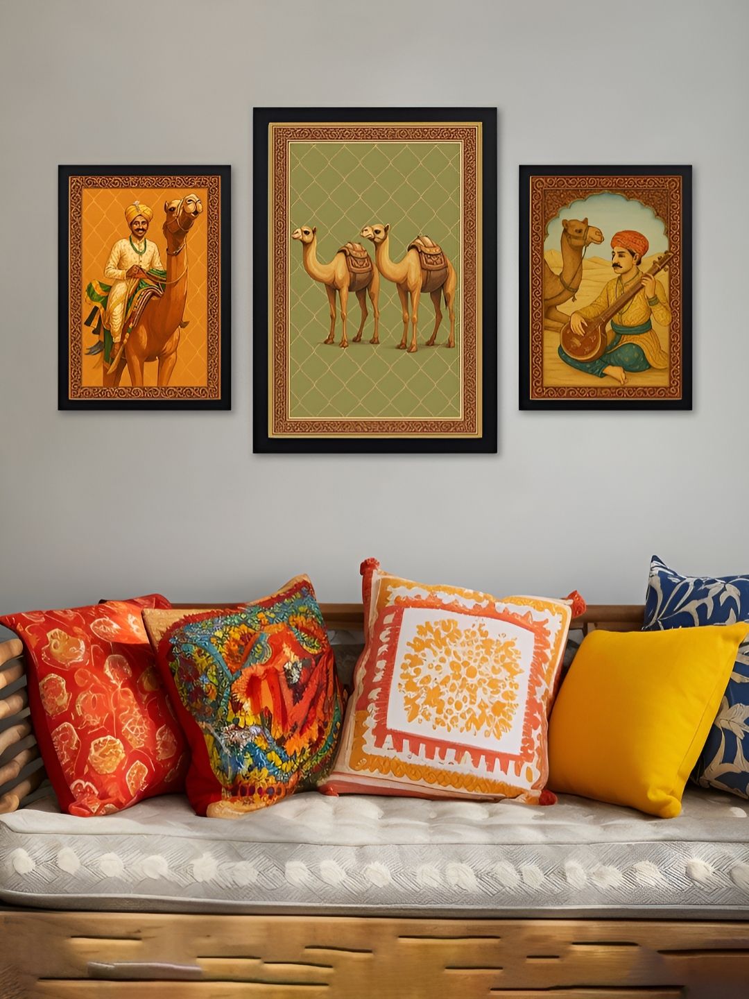 Giftii Camel & Folk Life Wall Wood 3 Piece Wall Rectangle Paintings Wall Art