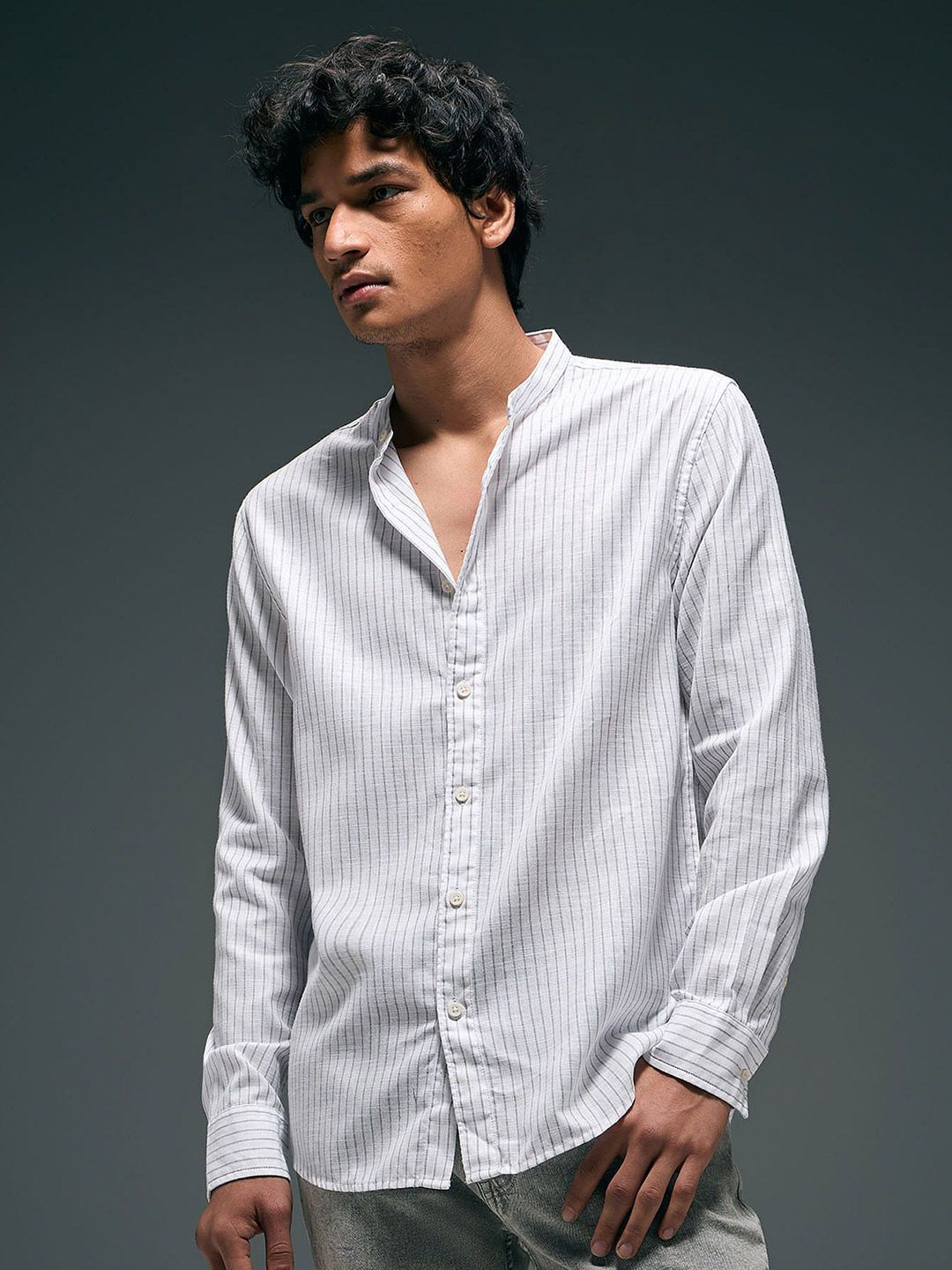 Striped Band Collar Shirt Flying Machine Vertical Striped Band Collar Shirt