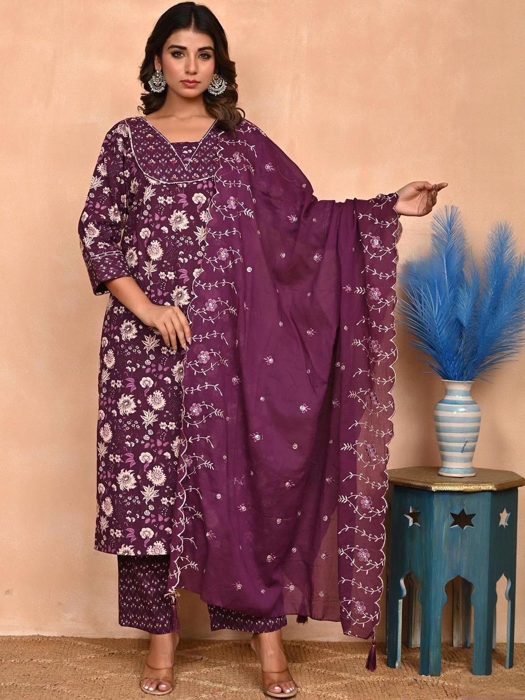 Peachmode Women Purple Pure Cotton Kurta Sets