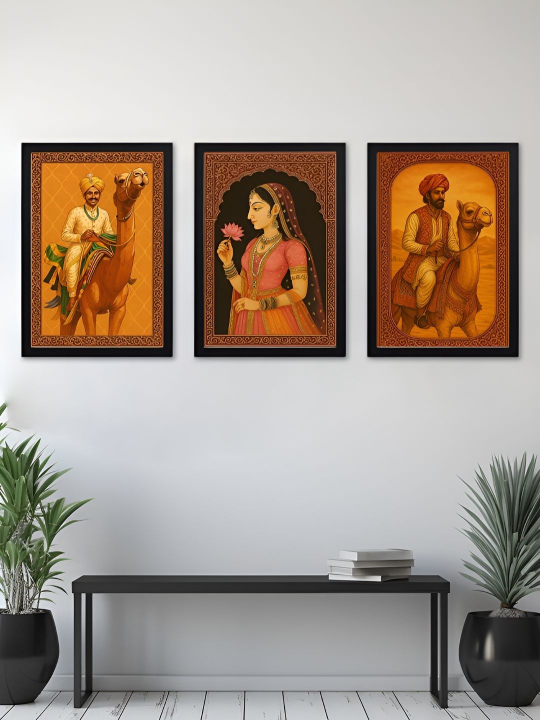 Giftii Black & Orange 3 Pieces Desert Royalty Rajasthani Wooden Wall Arts