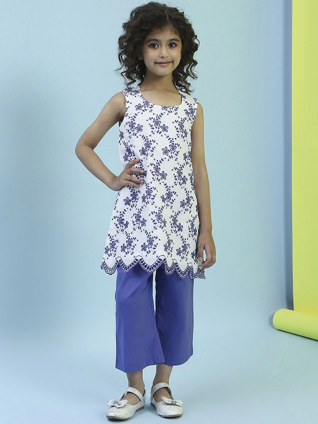 Biba Girls Floral Embroidered Pure Cotton Kurta with Palazzos