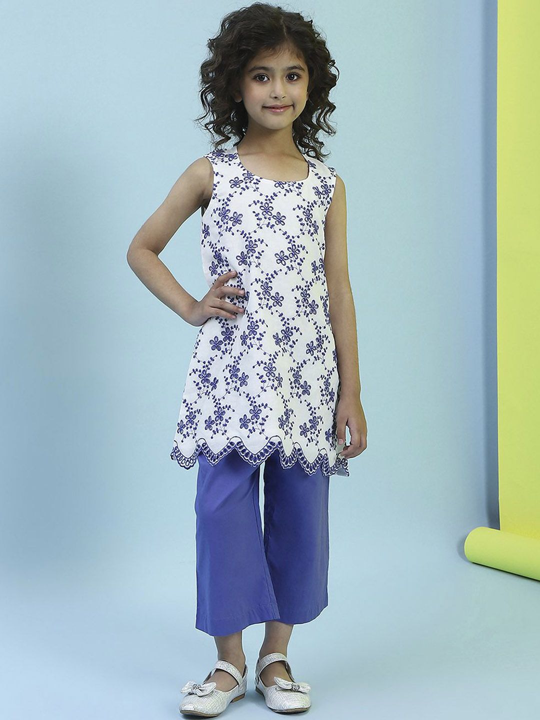 Biba Girls Floral Embroidered Thread Work Pure Cotton A-Line Kurta With Palazzo