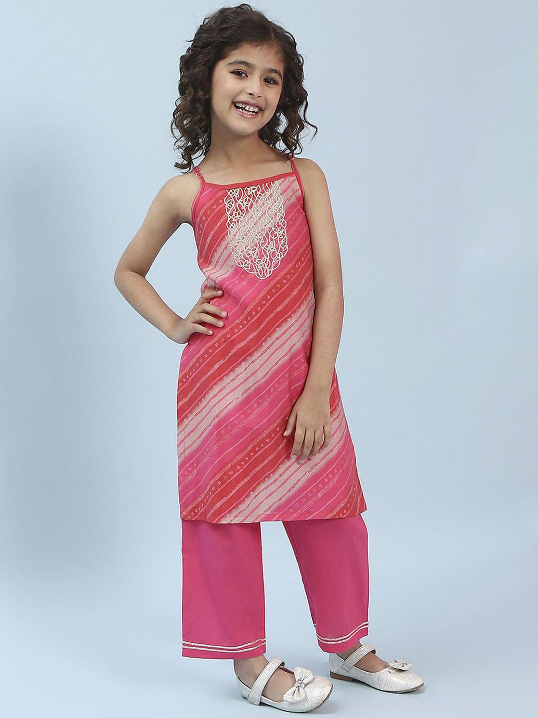 Biba Girls Leheriya Printed Zari Work Straight Kurta With Palazzo