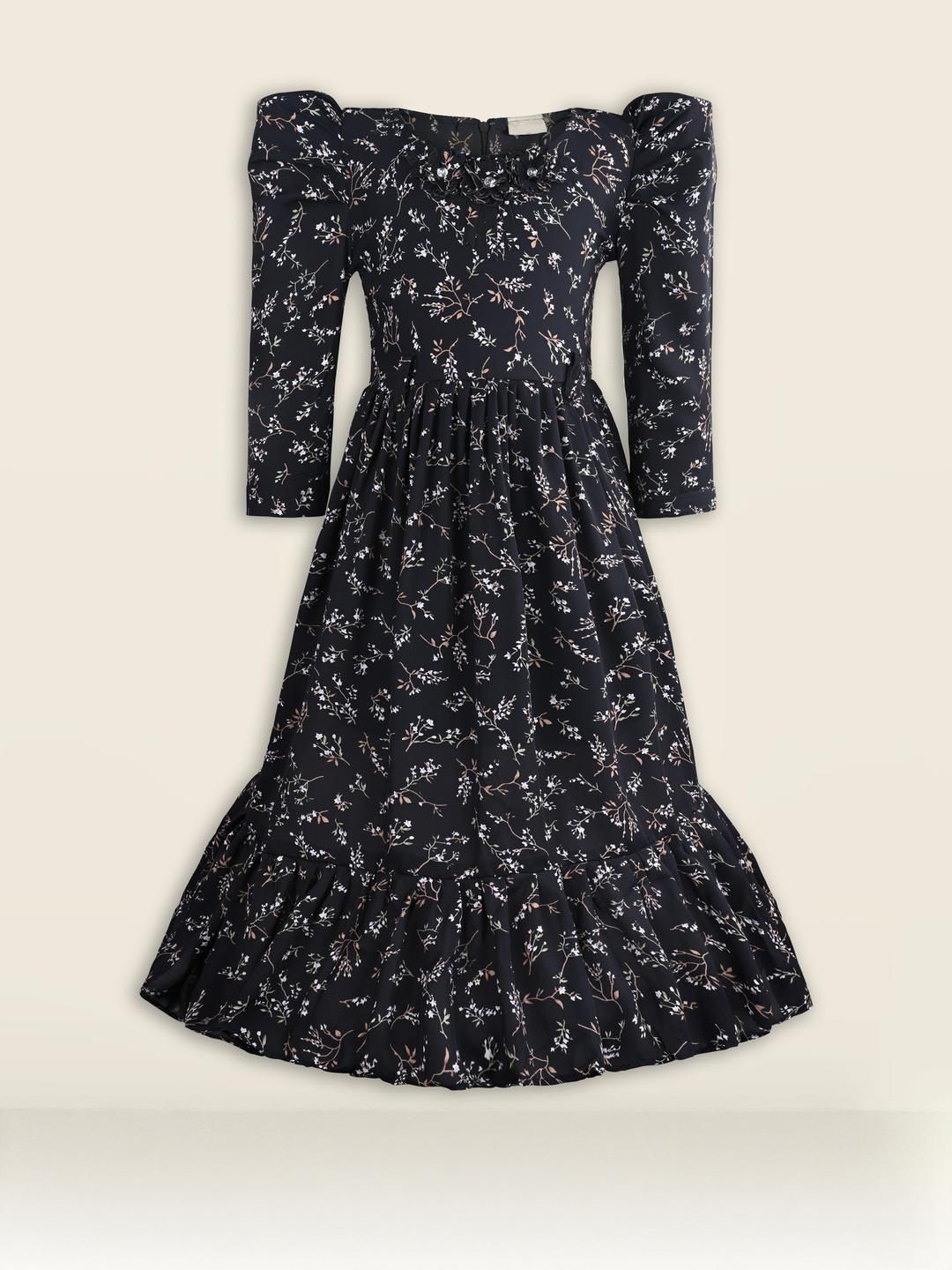 Girls Floral Print Full Sleeve Fit and Flare Frock Dress