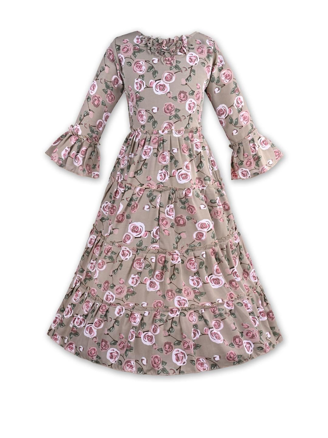 Girls Floral Print Bell Sleeve Fit and Flare Frock Dress