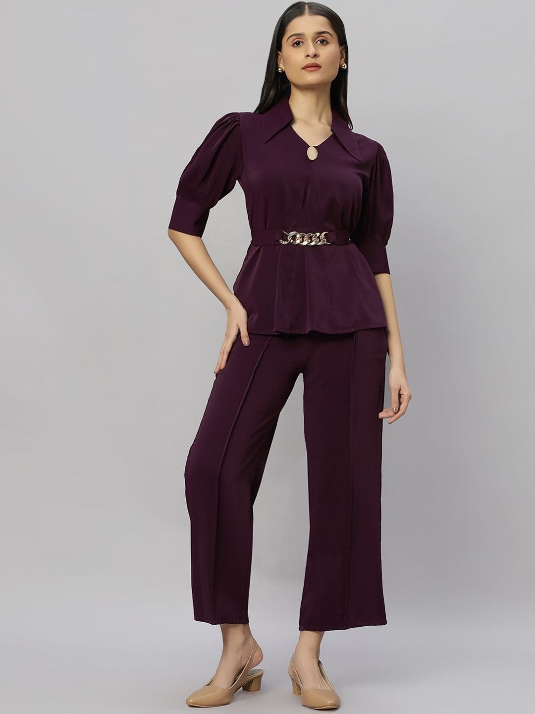 Elara Luxe Shirt Collar Neck Top & Trouser Co-Ords