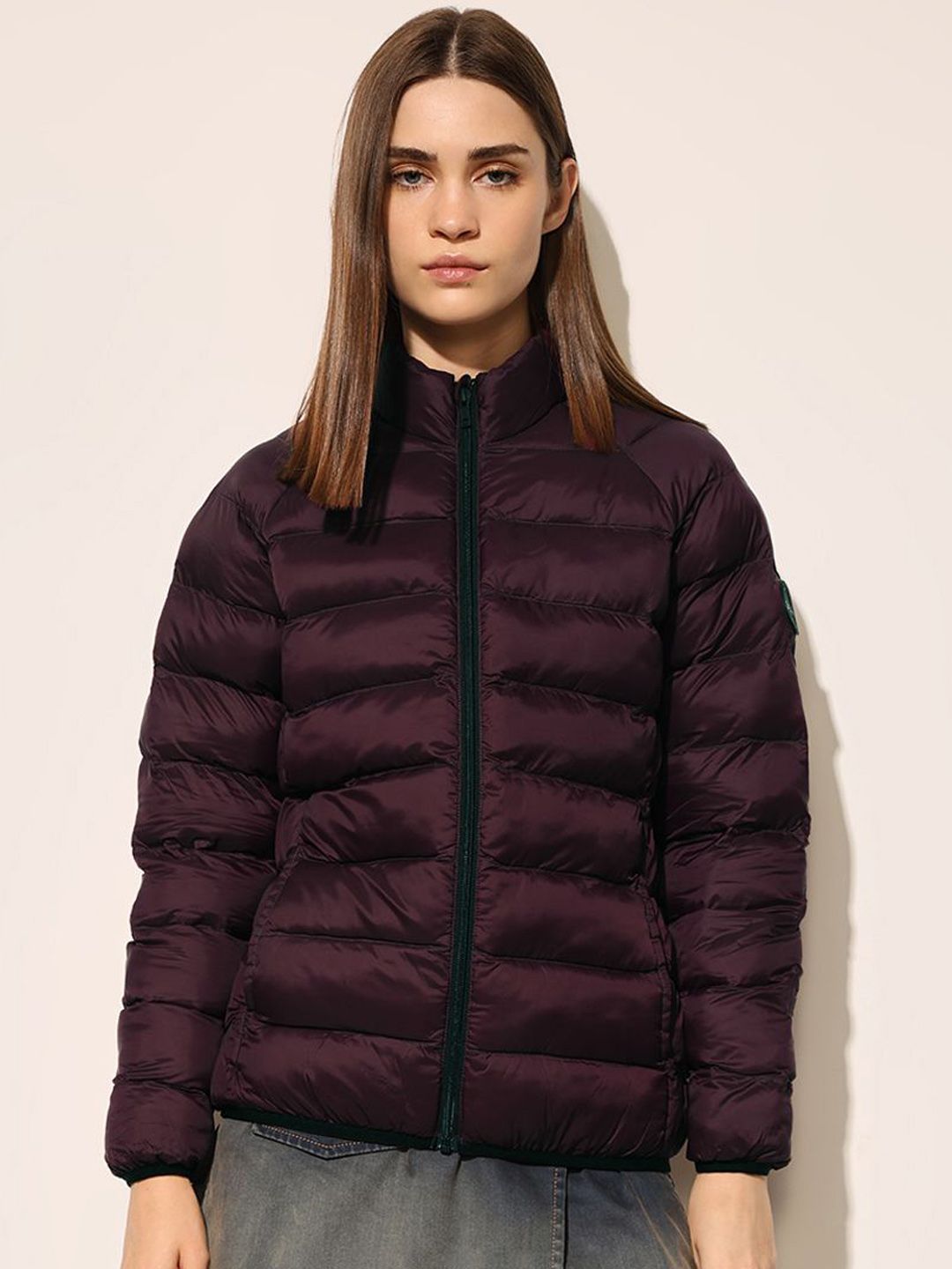 ONLY Women Mock Collar Solid Casual Puffer Jacket
