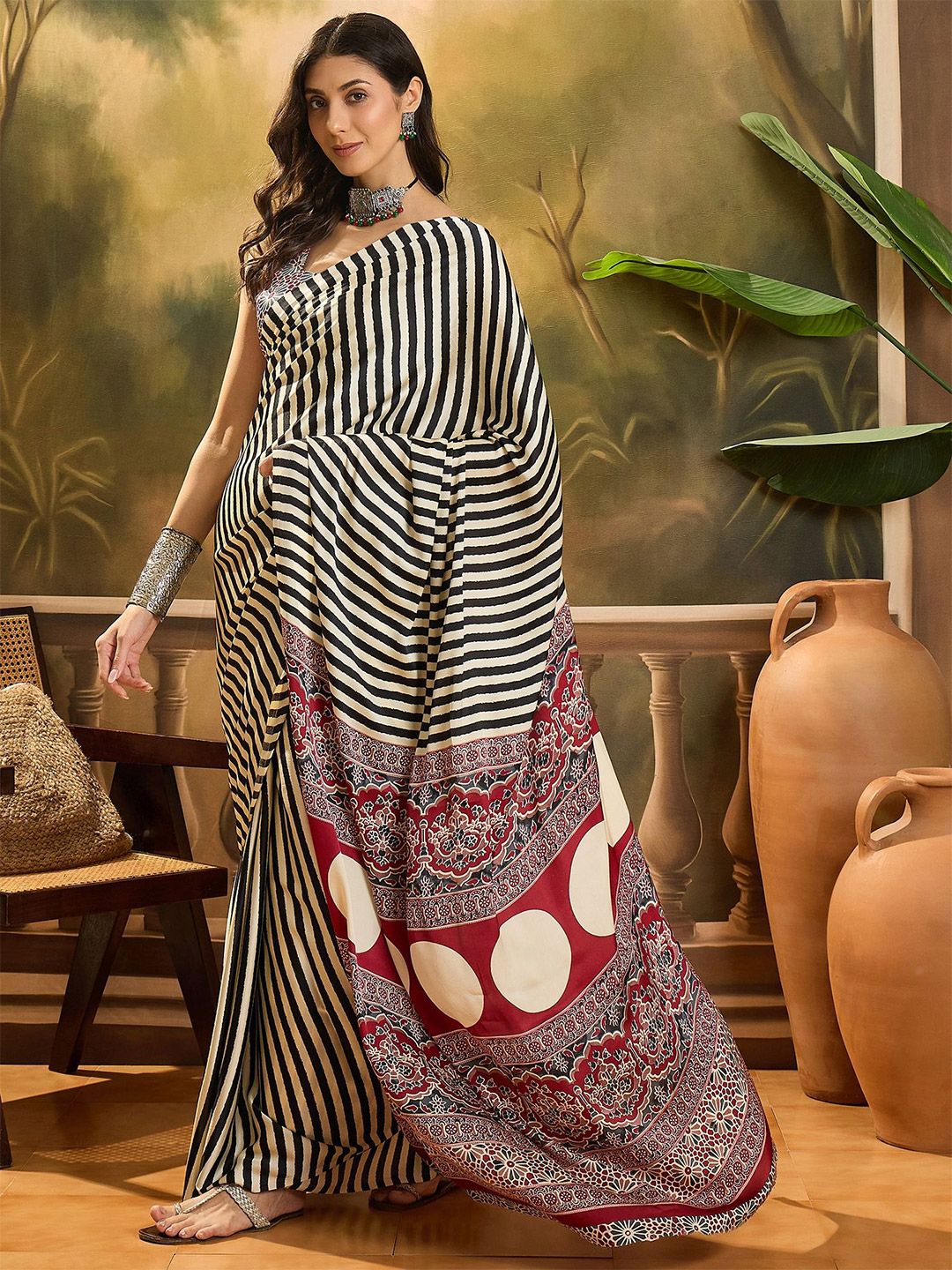 Sangria Striped Printed Saree With Blouse Piece Price in India