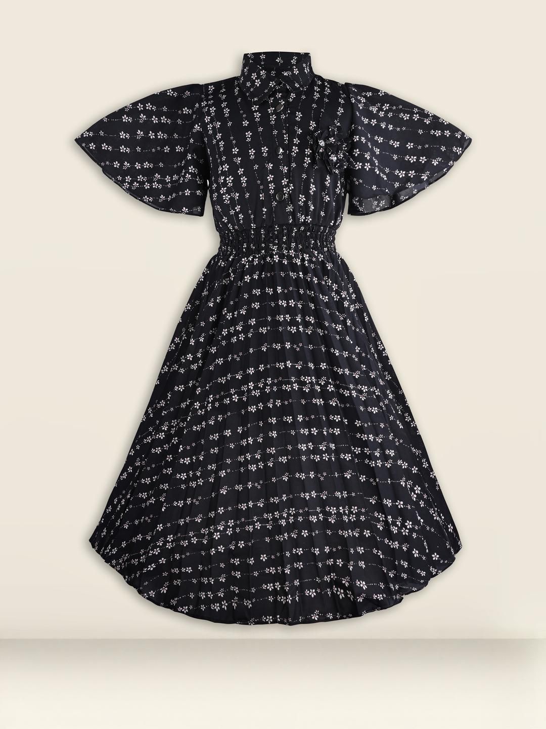 Girls Floral Print Flutter Sleeve Fit and Flare Frock Dress