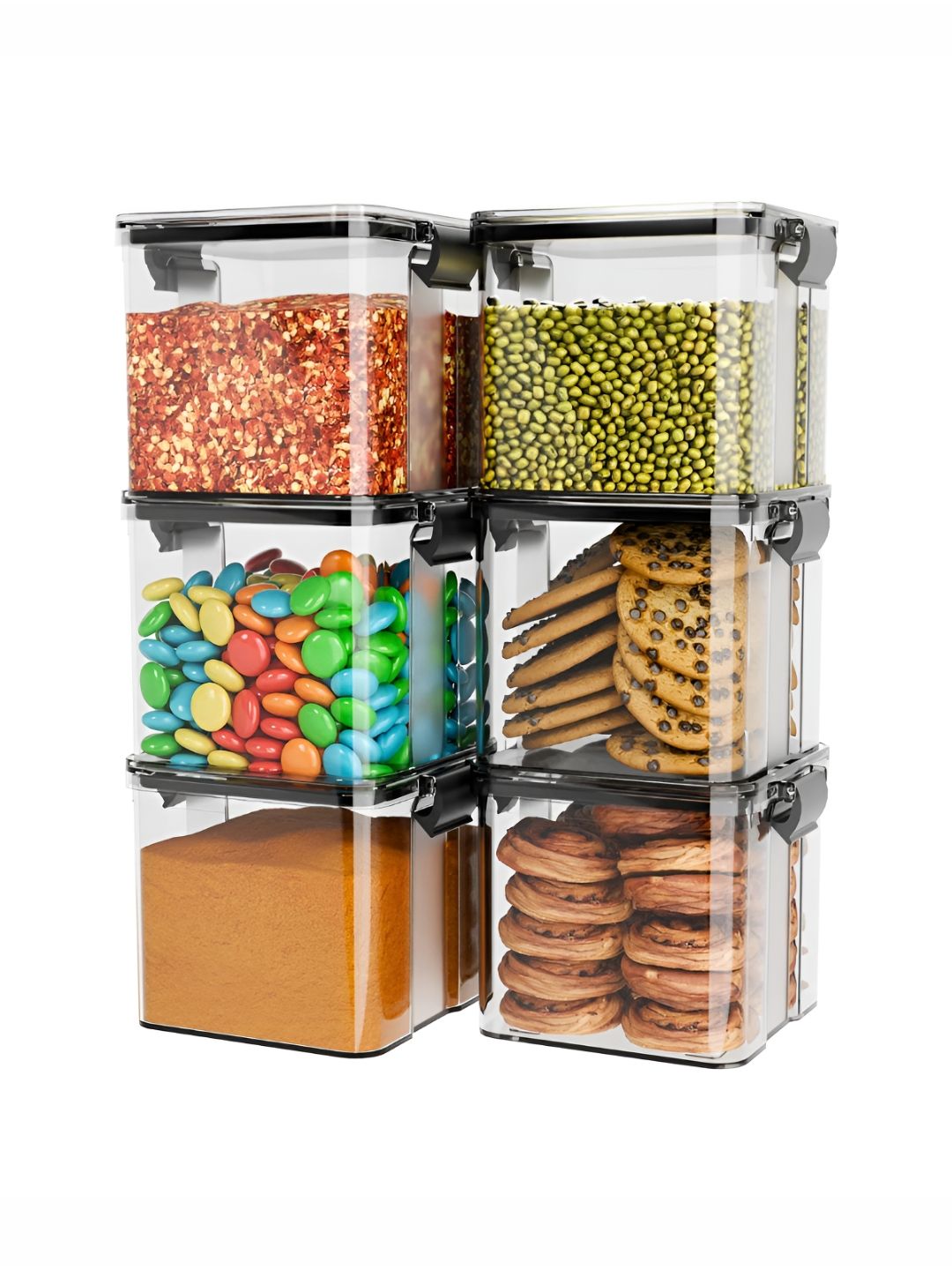 Aura Set of 6 Black Airtight Plastic Kitchen Storage Containers 700 ml