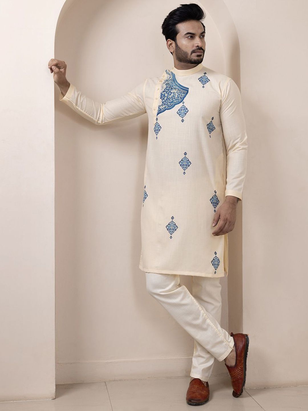 DEVOILER Men Ethnic Motifs Printed Cotton Collar Kurta